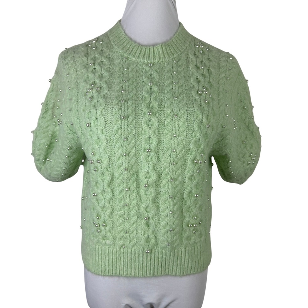 Zara‎ Faux Pearl Mint Green Cable Knit  Puff Sweater Wool Mix Women's Small